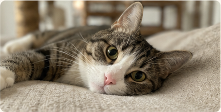 Timi the cat resting on a blanket